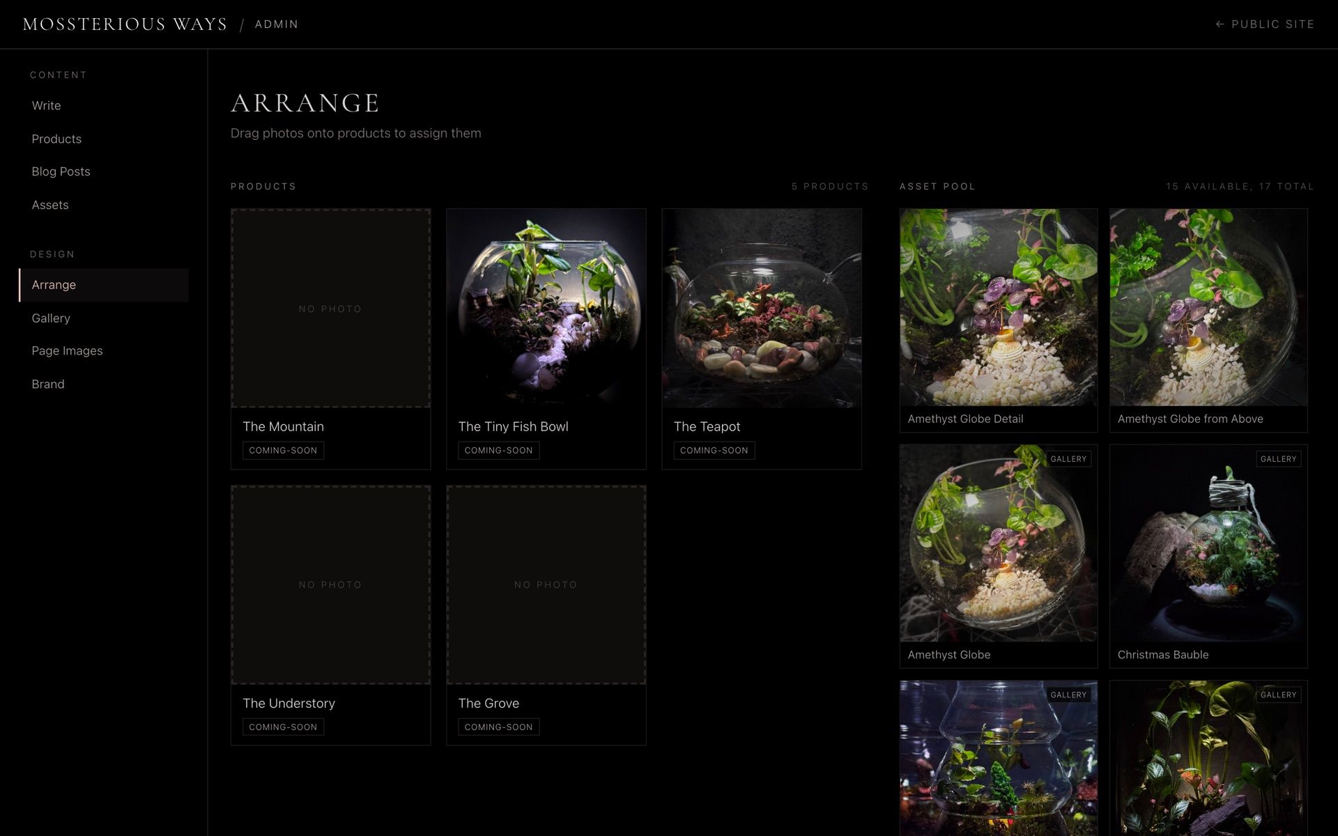The Arrange screen of a live admin — product cards on the left, a pool of real photographs on the right, ready to drag on.