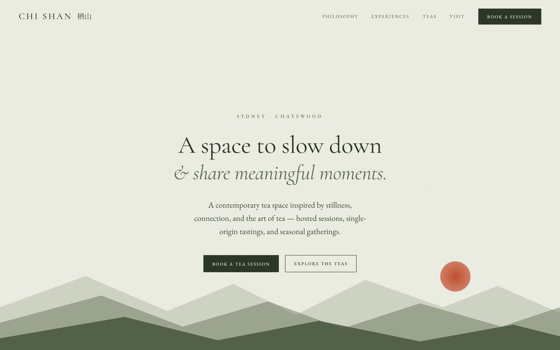 A build in preview — an illustrated tea-space homepage with its own palette, type, and booking call-to-action.