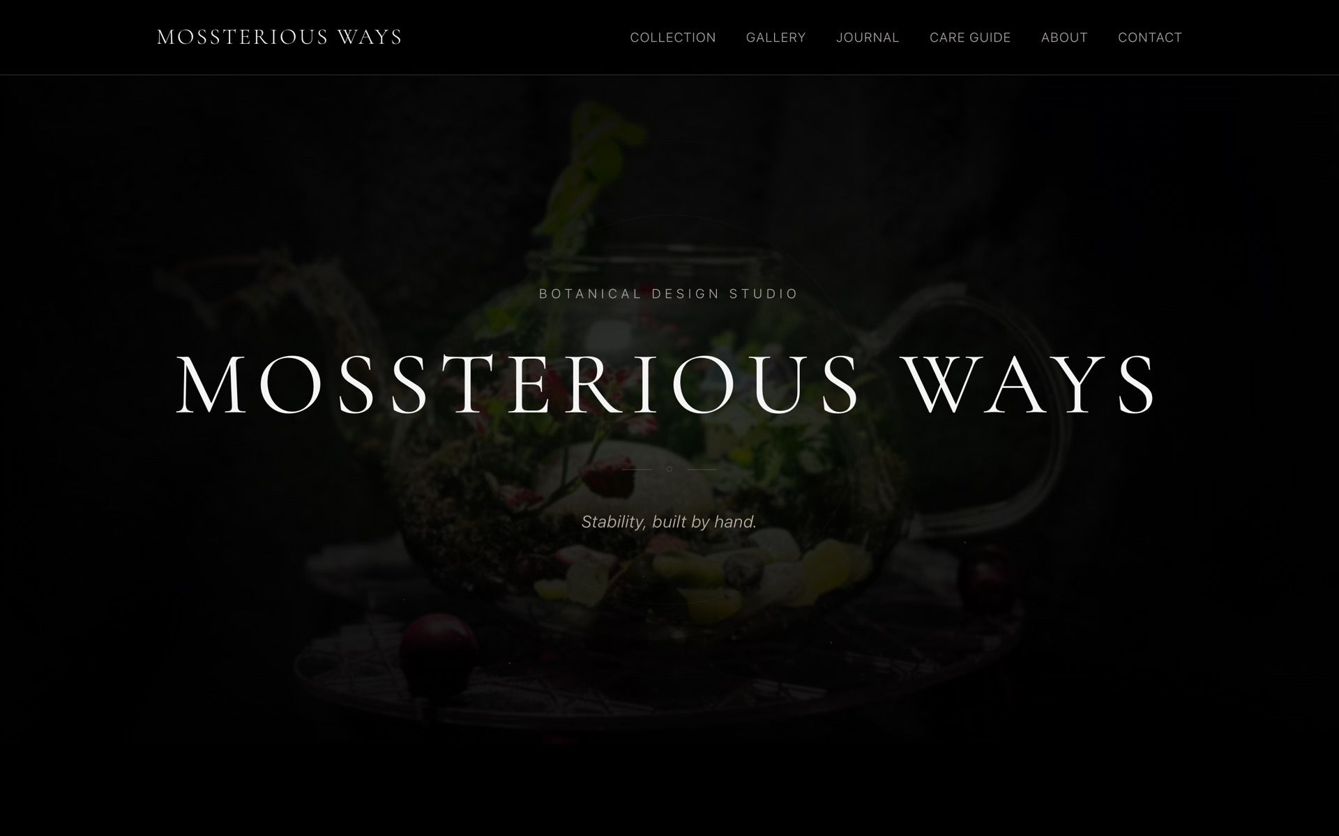 Mossterious Ways homepage — a serif wordmark over a dim photograph of a glass teapot terrarium.